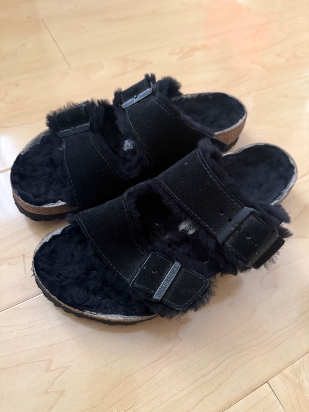 Birkenstock Black Faux Fur Slide Sandals